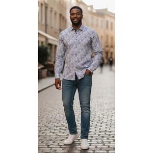 Guide London Premium Stretch Paisley Button Up Shirt White Blue M